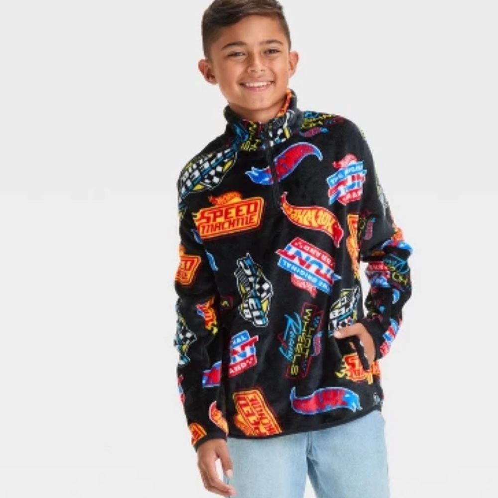 Boys' Hot Wheels Faux Shearling Half Zip Pullover Sweatshirt - Black XL